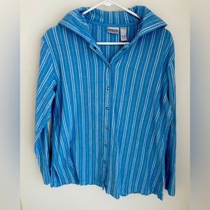 CHICO’S Blue striped Hooded snap front button down Longsleeve shirt size 2